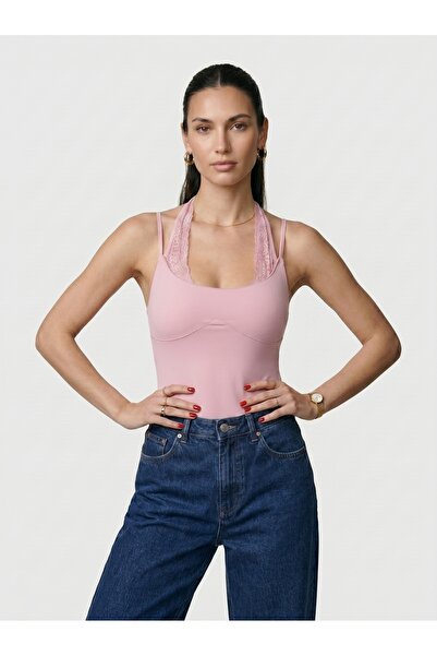 Noe Collection Kadın Dantel Yaka İnce Askılı Çıtçıtlı Bodysuit