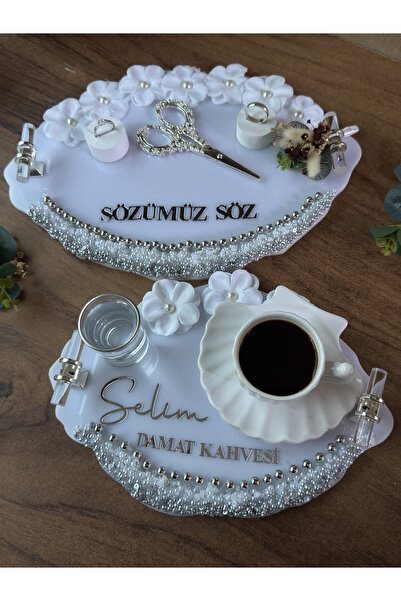 CatplexBoutique Söz Tepsisi - Kişiye Özel 2'li Nişan Tepsisi Damat Kahvesi Te...