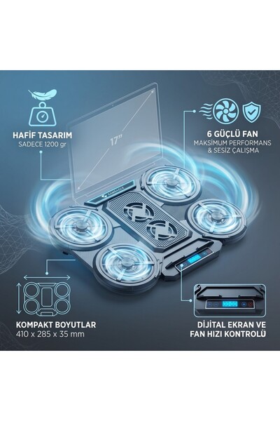 gameagle 6 Fanlı Sessiz Soğutucu RGB Stand Dijital Gösterge Laptop Soğutucu S...