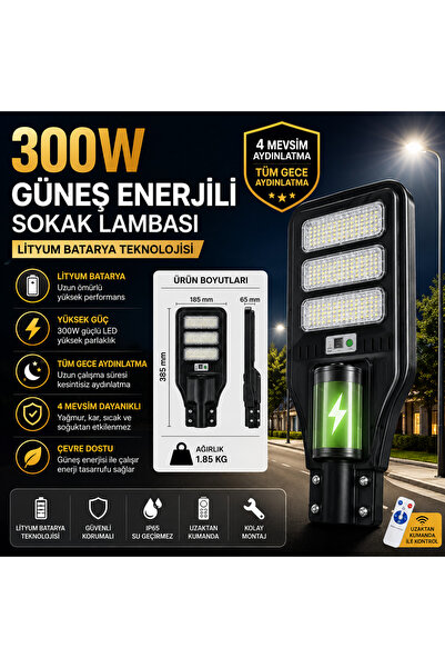 CELİKSHOP 300W Solar Sokak Aydınlatma Lambası Lityum Bataryalı Kumandalı
