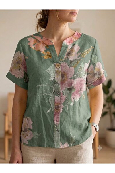 AYASOFYA OTANTIK Women's Italian Khaki Button Detailed Patterned Short Sleeve...