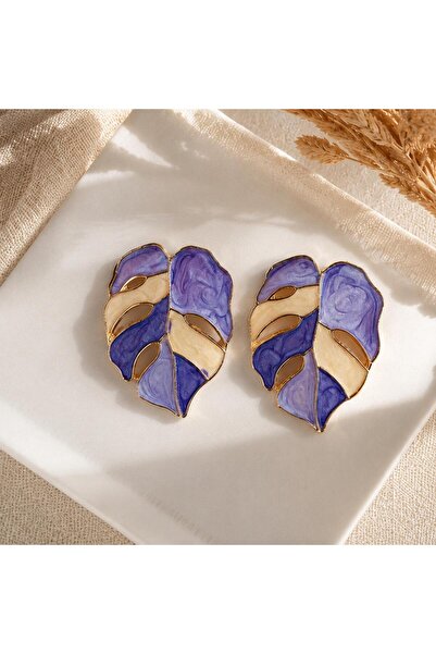 So Much Accesories Purple Cream Leaf Shaped Women's Earrings with Gold Detail...