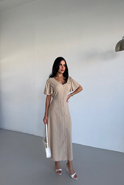 KAMACI BUTİK V-Neck Button Linen Dress