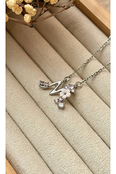 Tiştok accessory Çelik Zincir Gümüş Renk Çiçekli Mineli Harfi Vintage Kolye- ...
