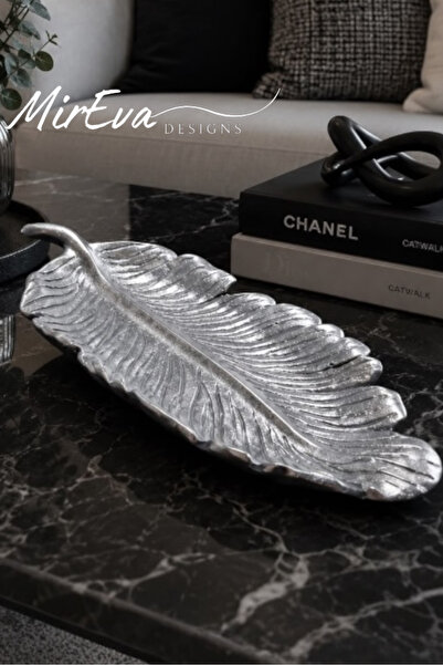 MİREVA Silver Decorative Leaf Tray 40 cm – Large Decorative Plate, Tabletop L...