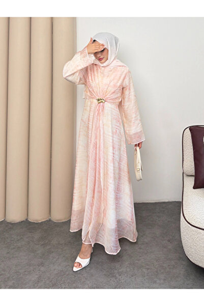 Mihran Butik Silk Model Belted Ankle Drawstring Pattern Detailed Women's Dress