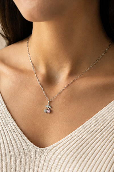 THE Steel Women's Silver Steel Cherry Pendant Necklace with Zircon Stone Colo...
