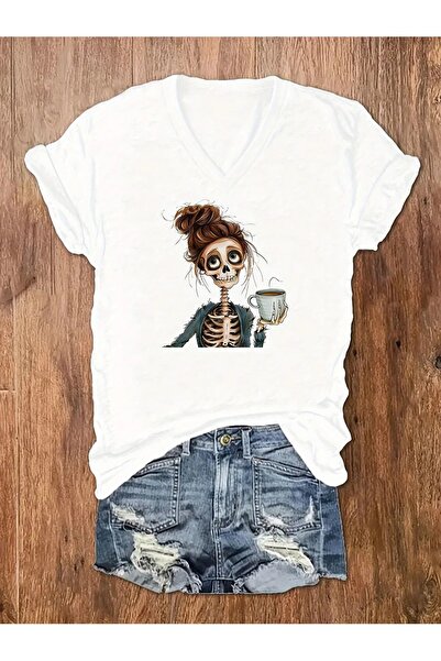 JENOLAN Tricou de damă cu decolteu în V maro Colic Skeleton imprimat