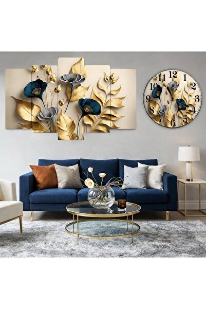 BellaaaModa ÇİÇEKtemalı Dekoratif Desenli Mdf Tablo 5 Parça Set ve Saatli Tak...