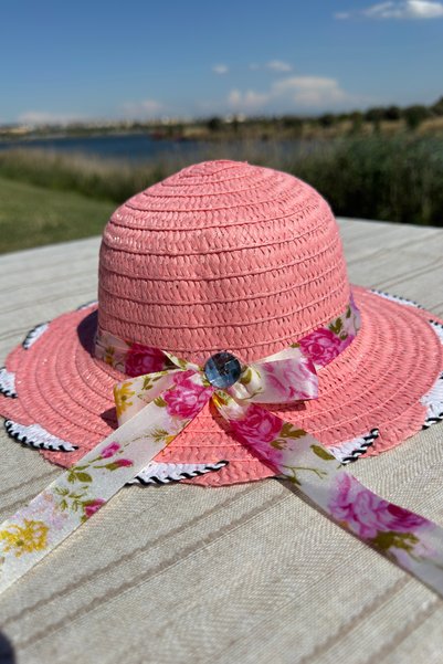 Mollycrush Gift Summer Hat Girl Child Powder Pink Straw Beach Fashion |   Sunscreen Bow Detailed Stone Model