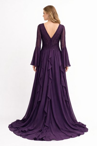 orchid couture Deep Purple Beaded V‑Neck Long Evening Gown with Flared Sleeves and Layered Ruffle Skirt