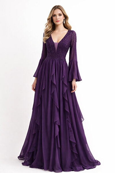 orchid couture فستان سهرة طويل بياقة على شكل V مزين بالخرز باللون الأرجواني ا...