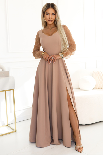 OEM LORETTA Rochie lungă unică cu mâneci din tulle și decolteu - bej de Seara...