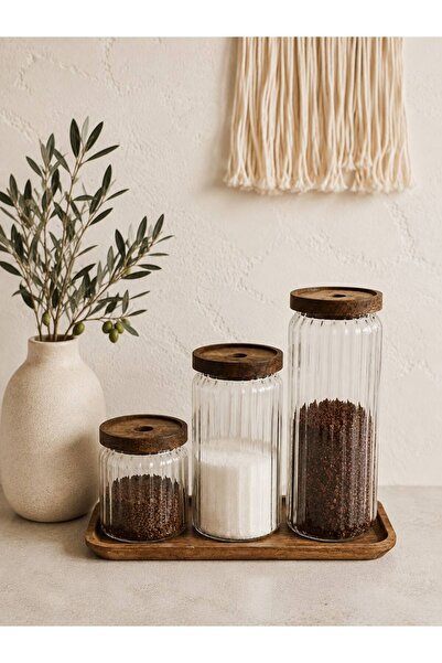 LEONEV Acacia Lid Borosilicate Glass Jar Set with Acacia Stand (1300Ml-1000Ml...