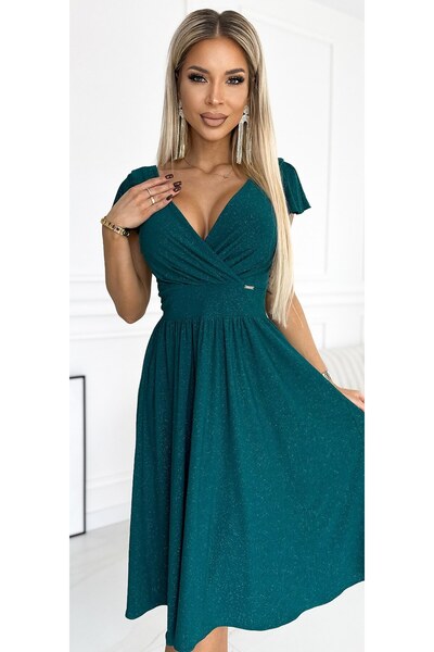 OEM Rochie cu decolteu și mânecă scurtă - VERDE cu sclipici