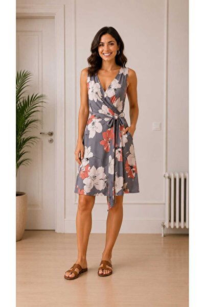 NO BRAND Rochie de Vară cu Decolteu Petrecut, Cordon și Imprimeu Floral, Mări...