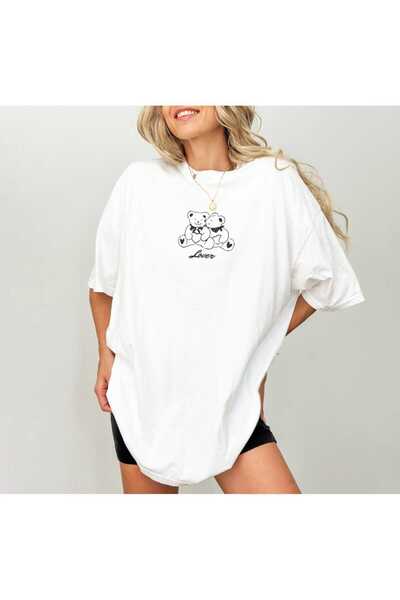 JENOLAN Μπλουζάκι με στάμπα Panda Λευκό Oversize Casual Boyfriend