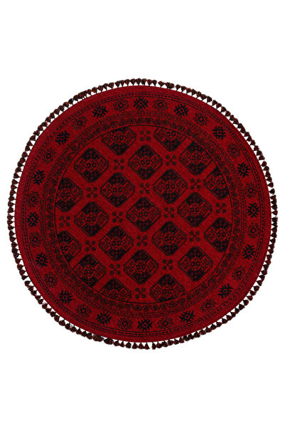Kalesta Halı Şiraz 01 Red Afgan El Dokuma Görünümlü Yuvarlak Kilim – Yıkanabi...