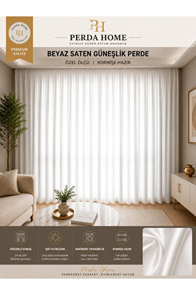 Perda HOME Beyaz Saten Güneşlik Perde Pilesiz Kornişe Hazır Tek Kanat