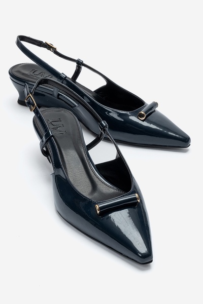 LuviShoes Rhea Navy Blue Patent Leather Buckle Mini Wedge Women's Heeled Shoes