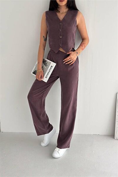 Neşeli Butik Vestă din țesătură tensel cu nasturi, de culoare burgundă, pentr...
