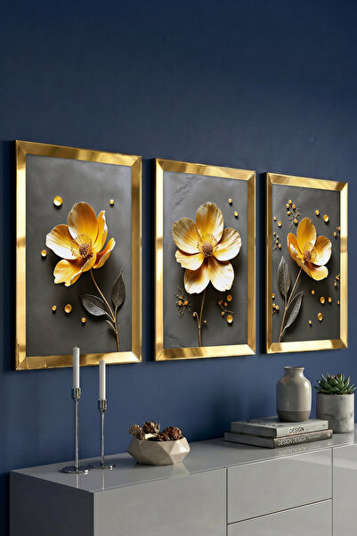 Dekorvia Gold Aynalı Pleksi Çerçeveli 3D Tasarımlı Çiçekli Oturma Odası İçin ...