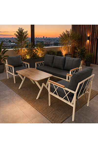 UFUK HOME Miray Krem Metal 311 Masalı Antrasit Balkon Bahçe Oturma Grubu Mind...