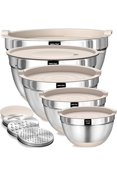 Umite Chef Mixing Bowls with Airtight Lids Set, 8PCS Stainless Steel Khaki Ne...