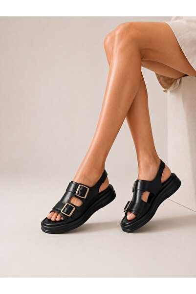 VEİLLETTO Black Orthopedic Sole Double Buckle Women's Sandals
