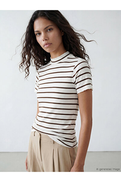 LC Waikiki Lcw Modest Brown High Neck Striped Women's Ribbed T-Shirt