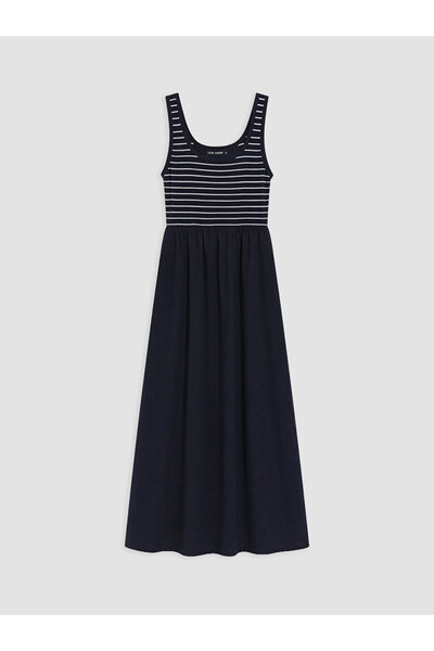 LC Waikiki Navy Blue U-Neck Striped Flared Dress