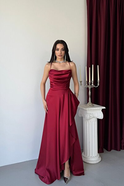 Serica Moda Koyu Kırmızı İnce Askılı Volanlı Yırtmaçlı Saten Abiye Elbise