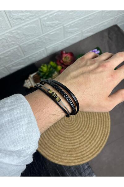 Generic Brand Black Leather Knitted Bracelet with Gold Stone Detail for Multi...