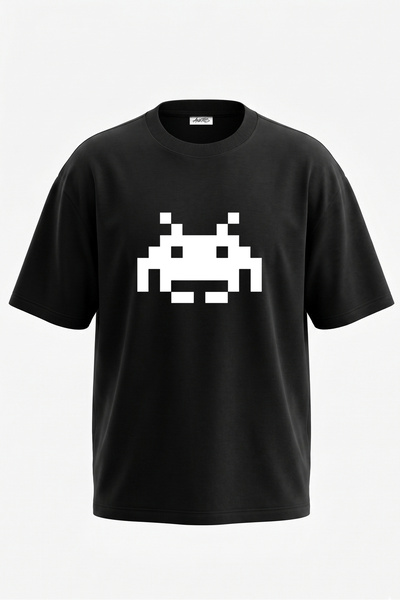 Anetos Tricou oversize negru din bumbac cu imprimeu pe spate Space Invader De...