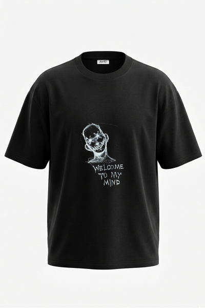 Anetos Printed Mouth Face Design Back Printed Cotton Black Oversize T-Shirt