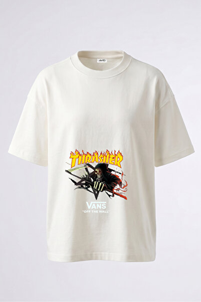 Anetos Tricou supradimensionat din bumbac alb cu imprimeu pe spate Grim Reape...