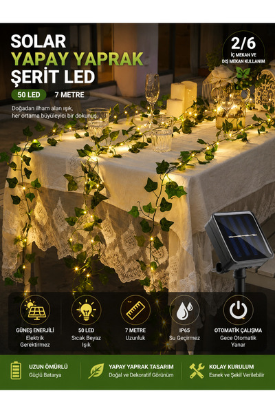 Deconitte Solar Yapay Yaprak Şerit LED 7 Metre 50 LED, Güneş Enerjili Sarmaşı...
