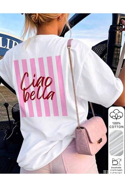 LELVANİ Women's Red Writing Ciao Bella Line Printed Crew Neck White T-Shirt