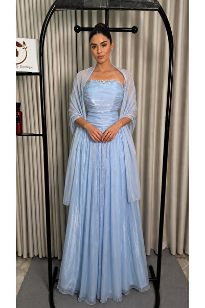 Asma Fashion Sky Blue Long Evening Gown with a Soft Feminine Silhouette and L...