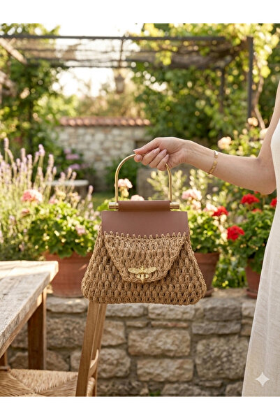 Voiste Specially Designed Bee Figured Knitted Women's Handbag with Leather Co...