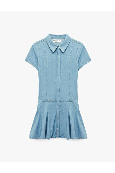 Koton Cotton Classic Collar Short Sleeve Buttoned Pleated Mini Denim Dress