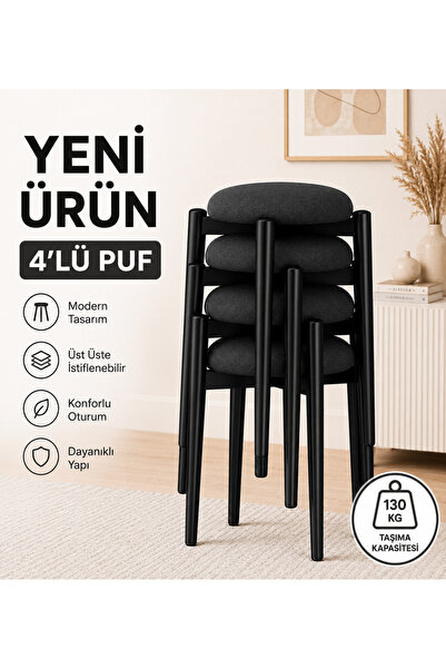 EDMONDA EV AKSESUAR ZÜMRA 4LÜ PUF TABURE BENCH MAKYAJ SANDALYESİ SİYAH AYAK