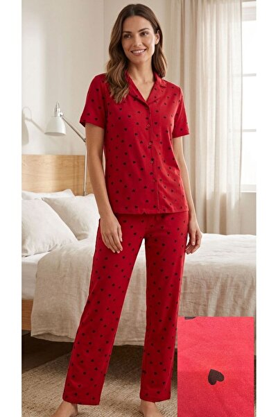 FAMES PİJAMA Summer Short Sleeve Heart Black Buttoned Pajama Set
