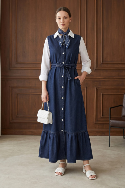 MODAQU Tied Front Buttoned Denim Gilet with Pockets - Navy Blue