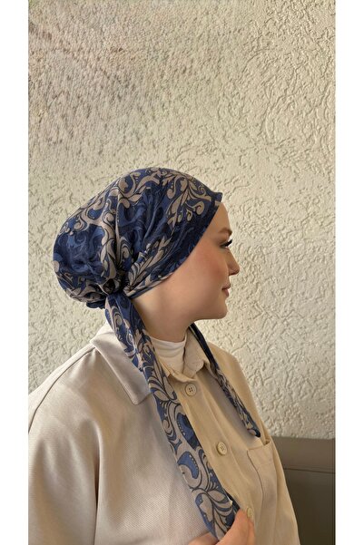 Anatolye Lacivert Etnik Desen Tülbent Eşarp Bone - Kaymaz Terletmez (Kaymayan)