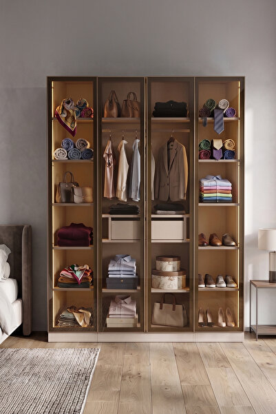 Eymense Lora Camlı Gardırop %100 MDF Çekmeceli Tekli Dolaplı Modüler Giyinme ...