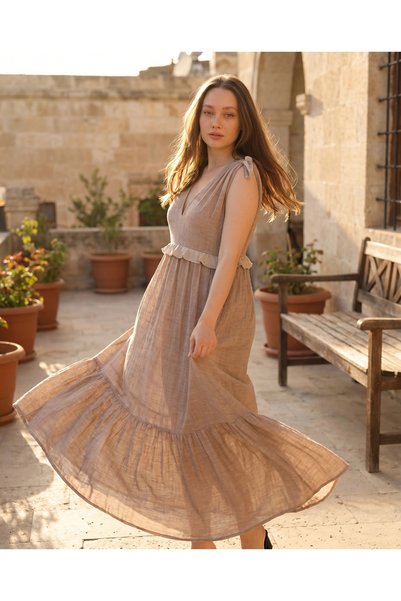 Su Koleksiyon Selene Firfirli Bohem Muslin Dress / Walnut