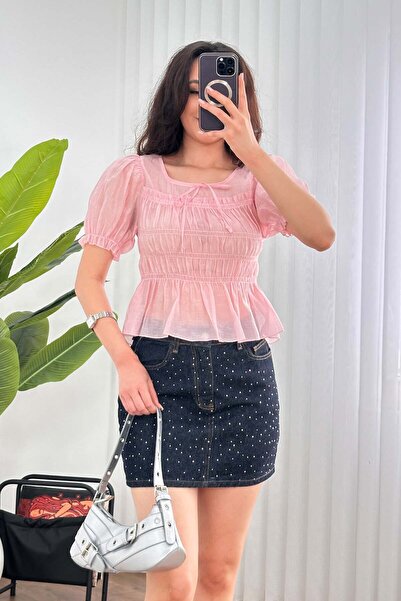 Hipo Trend Front Tie Draped Transparent Princess Pink Blouse