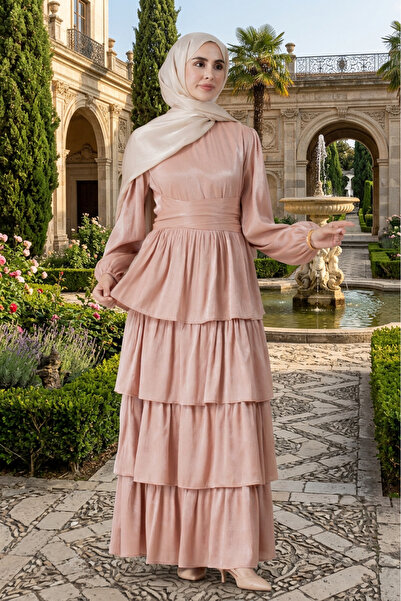 Sevitli Layered Detailed Belted Waist Alina Hijab Evening Dress - Dried Rose