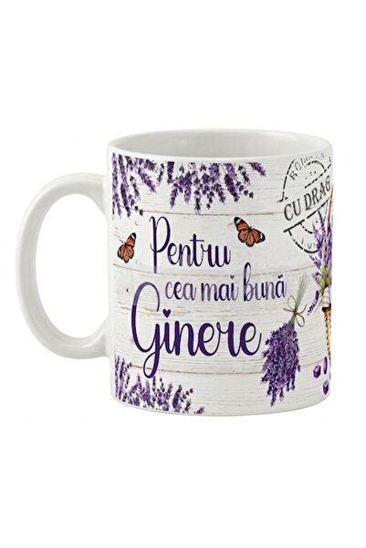 LimArt Cană ceramică personalizată, model cu lavandă și fluturi, 350 ml, "Pen...